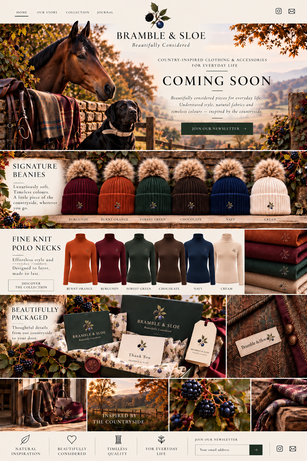 Bramble & Sloe coming soon editorial collection preview with a horse and black Labrador, six pom-pom beanies, fine-knit polo necks, signature packaging and tweed country details.